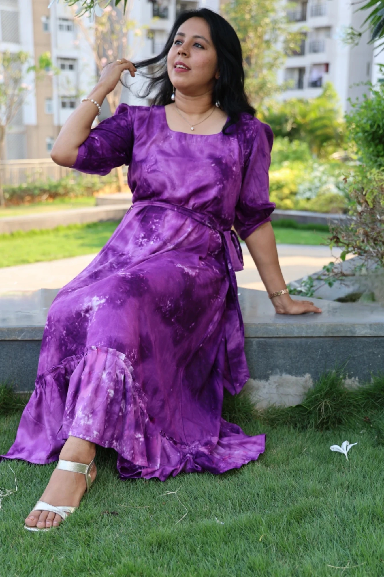 Purple Viscose tie-dye frill dress (M)