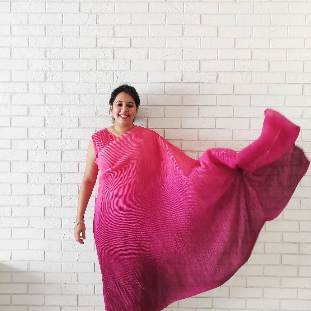 Ombre Pink Accordion Pleated Saree-Dress (XL - 4XL)