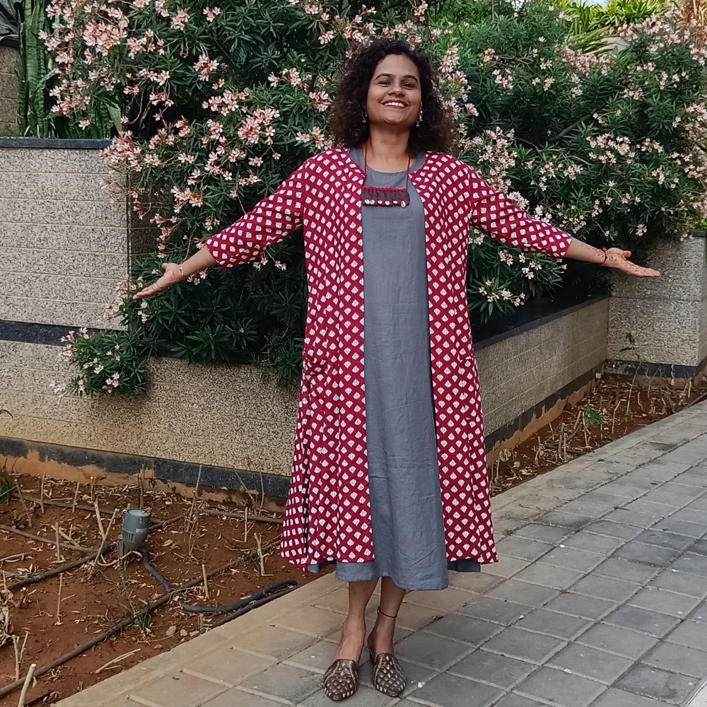 Grey & Maroon double layer dress (5XL)