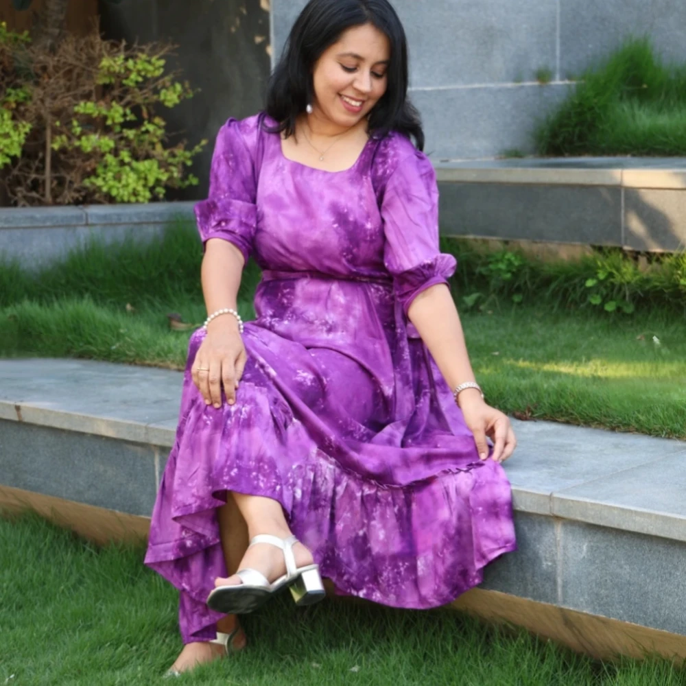 Purple Viscose tie-dye frill dress (M)