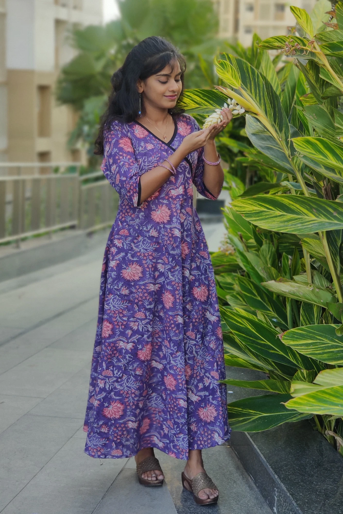 Cotton printed purple circular cut maxi dress (L)