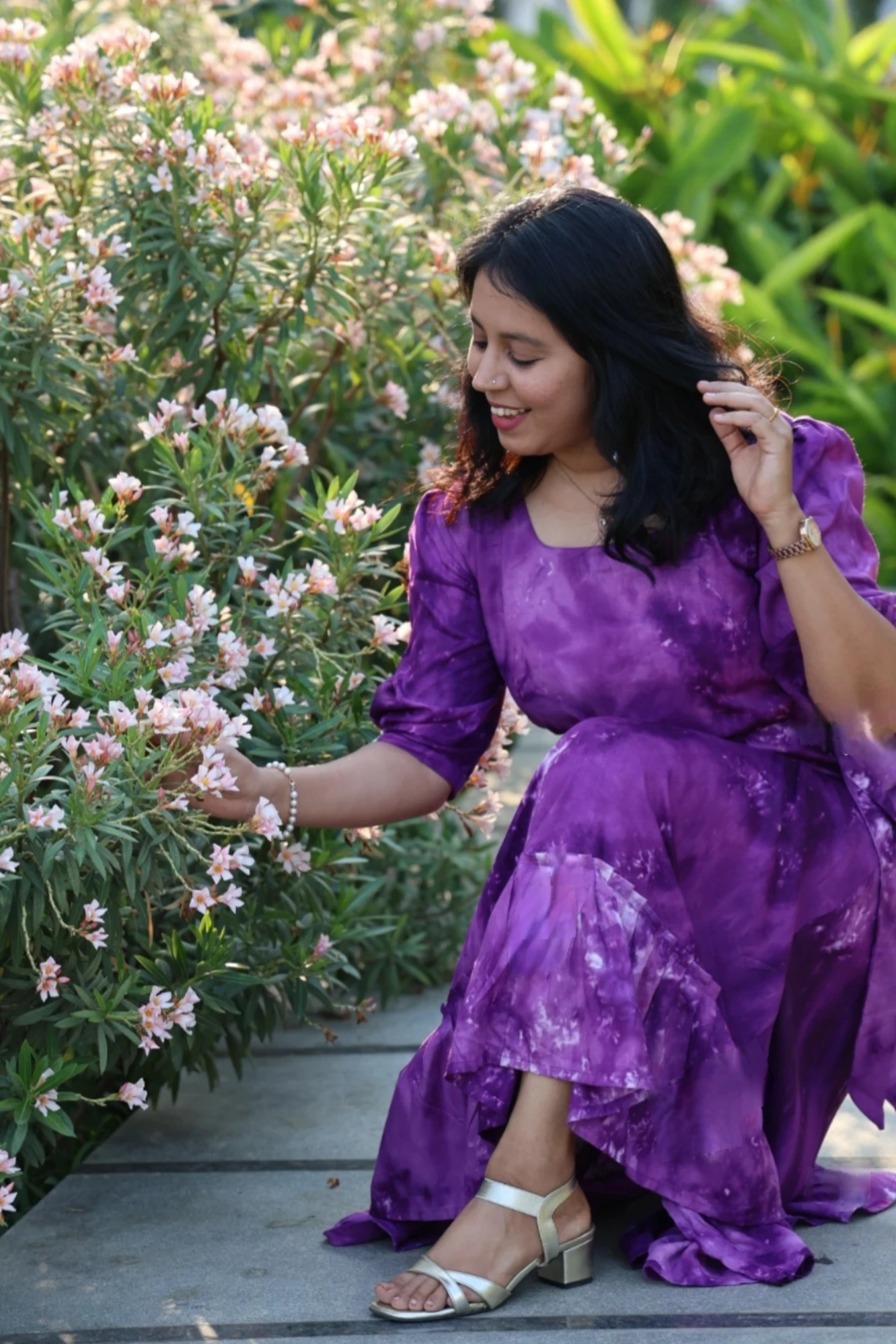 Purple Viscose tie-dye frill dress (M)