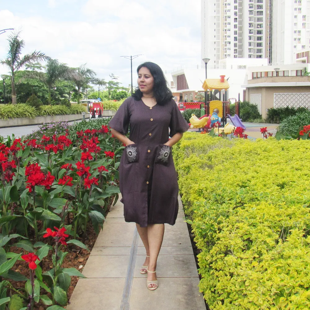 Rayon Embroidered Button Down Dress