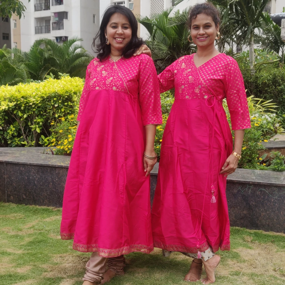 Pink kali angarkha kurti with foil print (M)