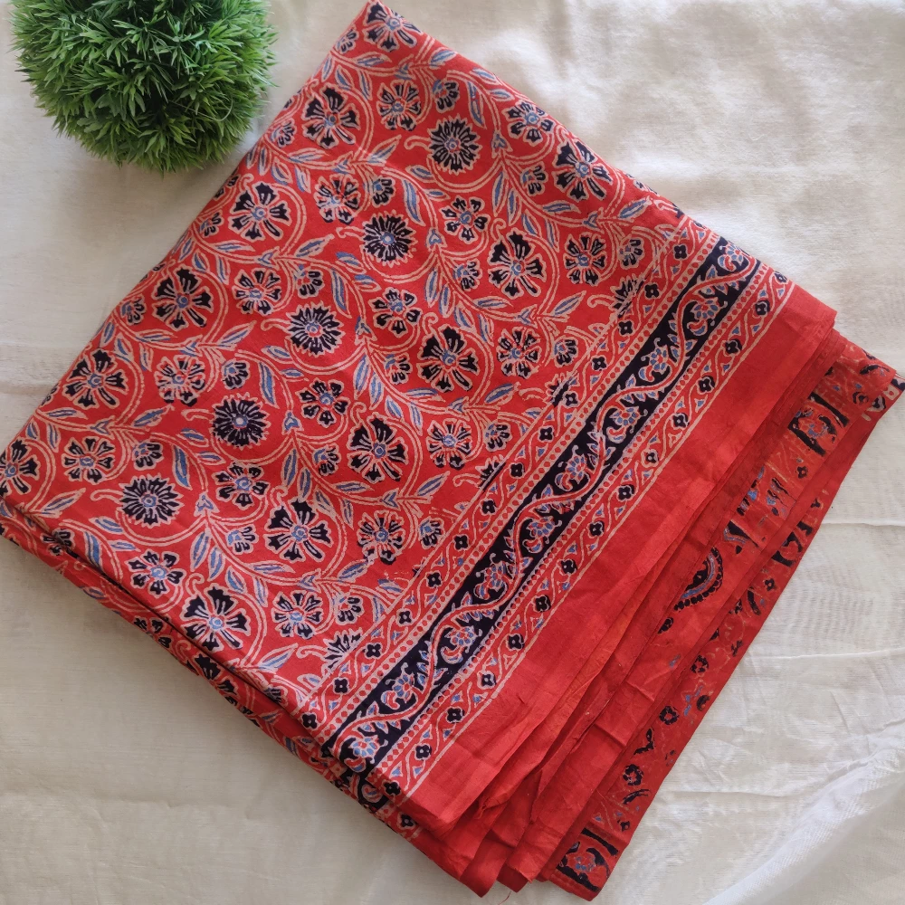 Block print Cotton Saree- Floral Orange