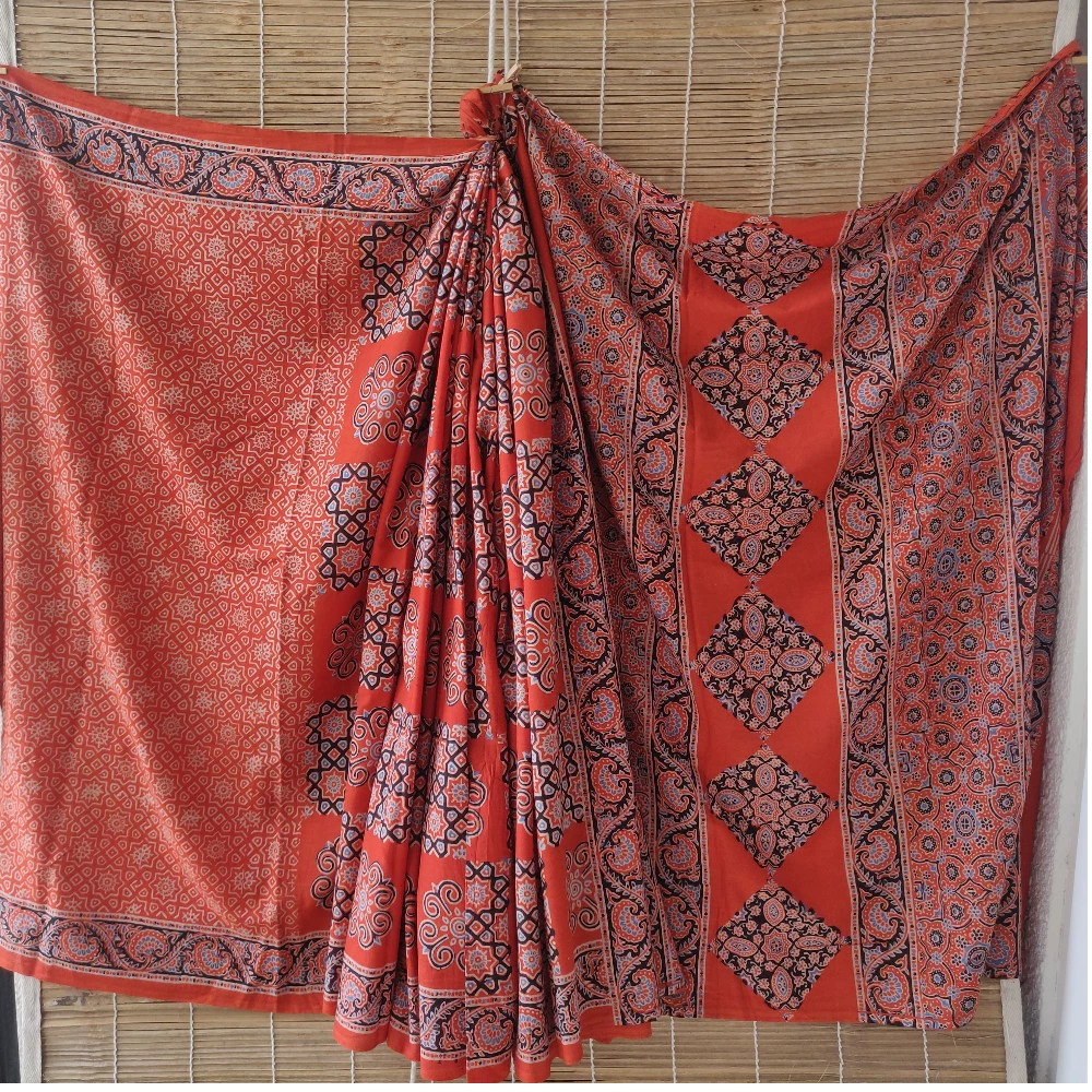 Block print Cotton Saree- Geometric Orange