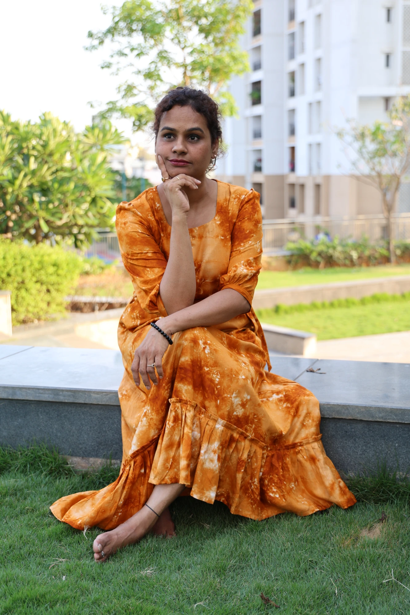 Mustard viscose tie& dye Frill dress (XS)