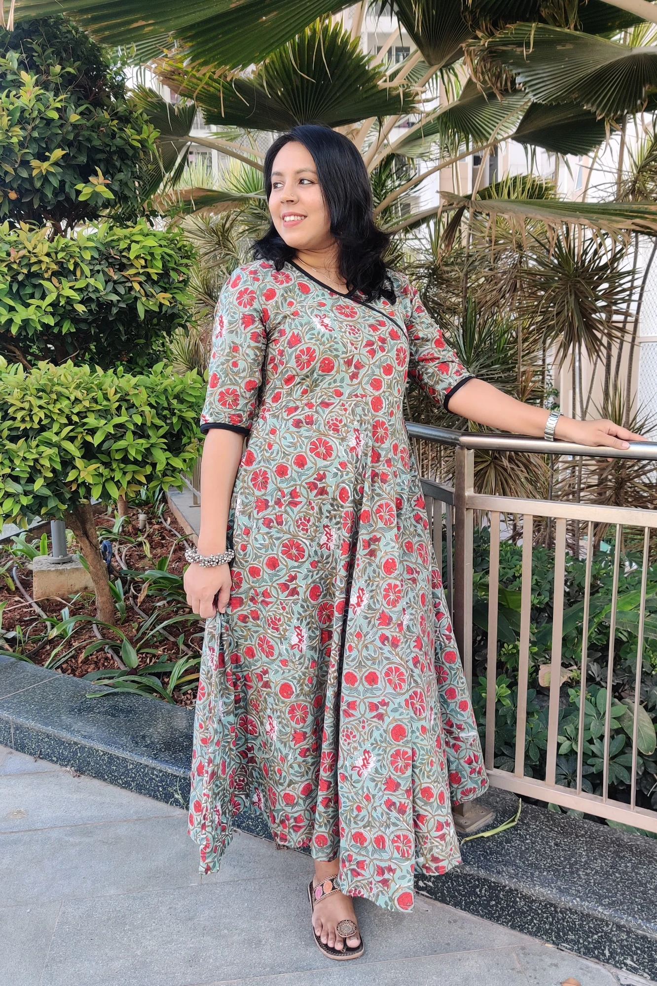 Cotton printed green circular cut maxi dress (L)