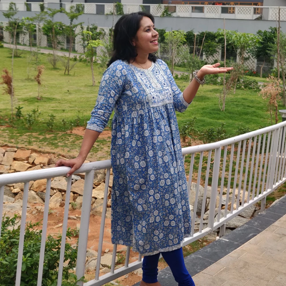 Floral printed Embroidered yoke cotton kurta