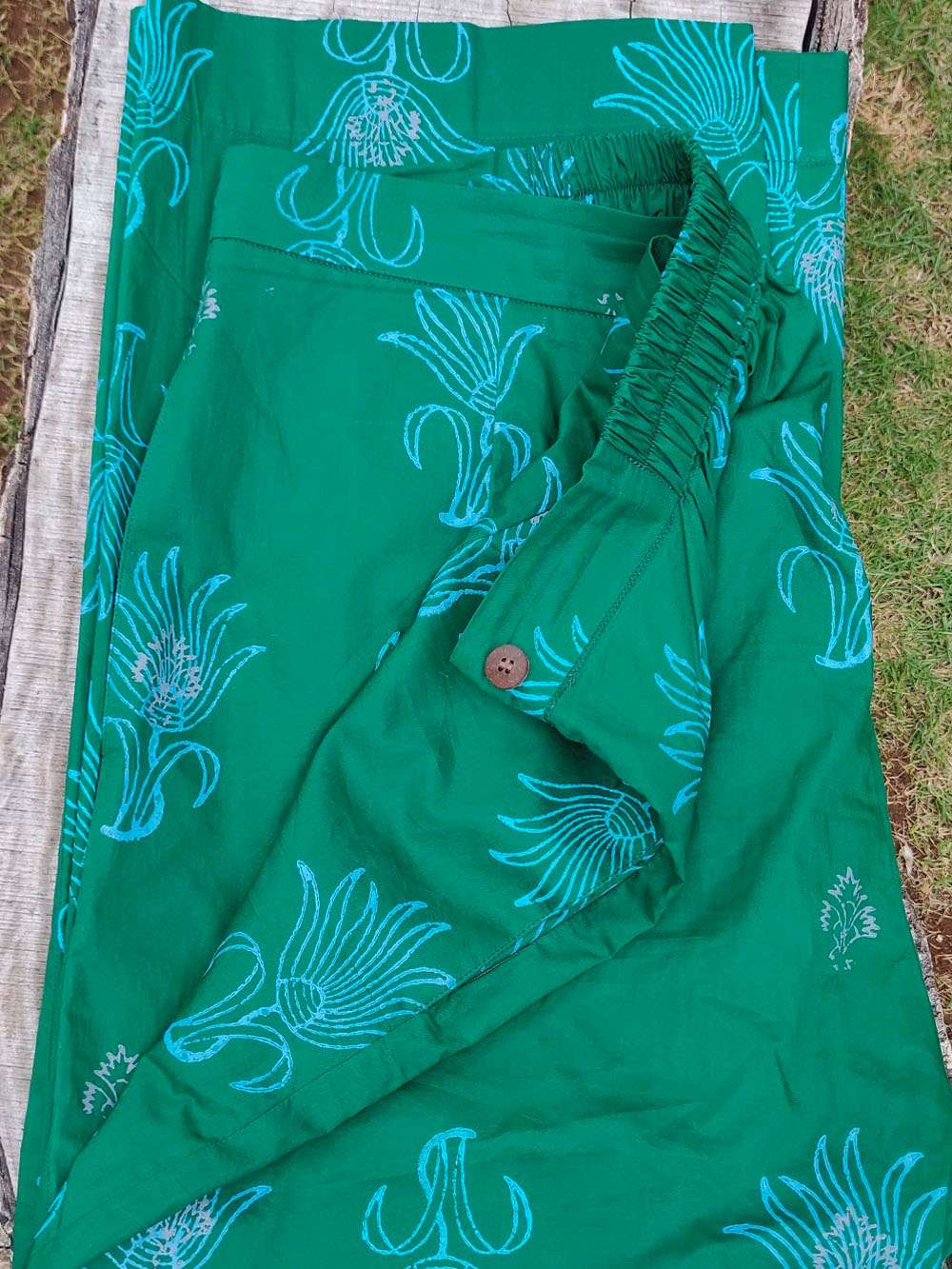 Fern green hand block printed cotton pants (M)