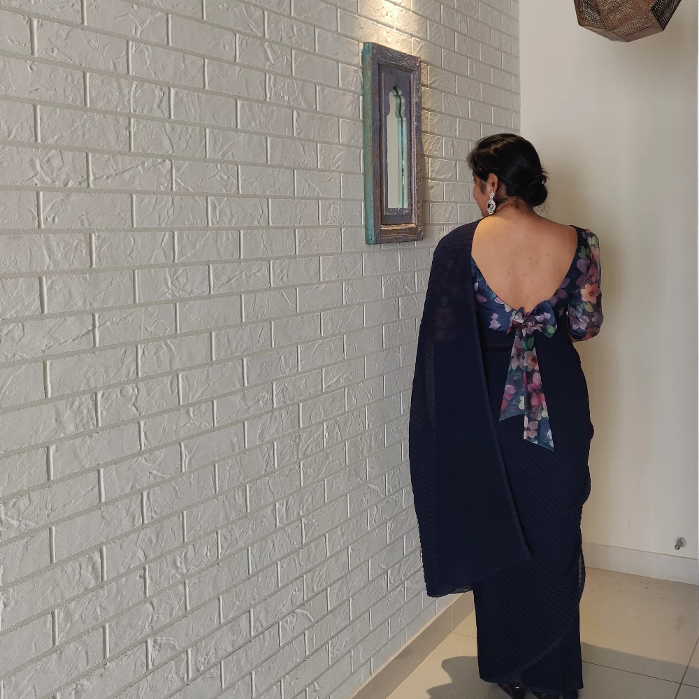 Blue ready to wear saree with  printed unstitched organza blouse (Blue saree - printed blue blouse)