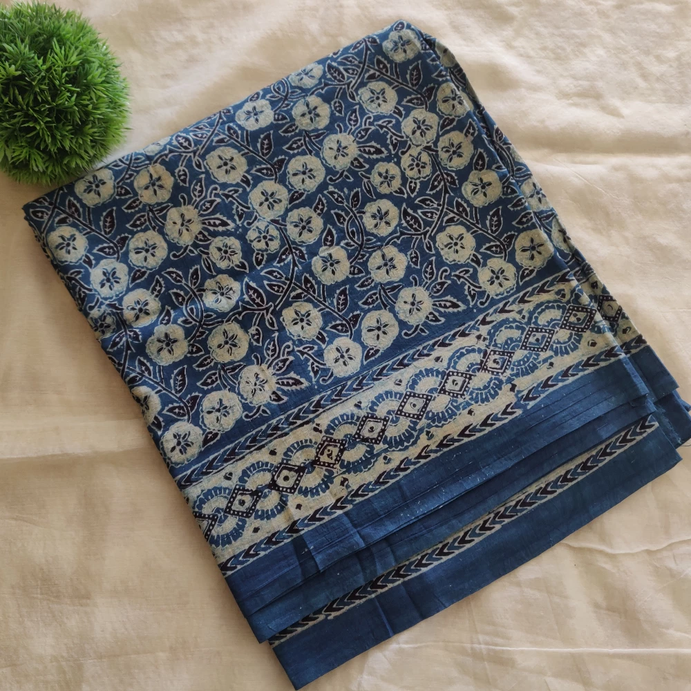 Block print Cotton Saree-Floral Indigo