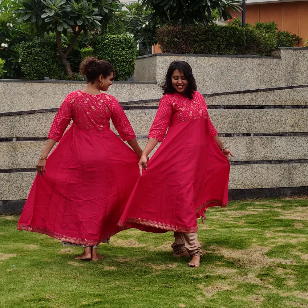Pink kali angarkha kurti with foil print (M)