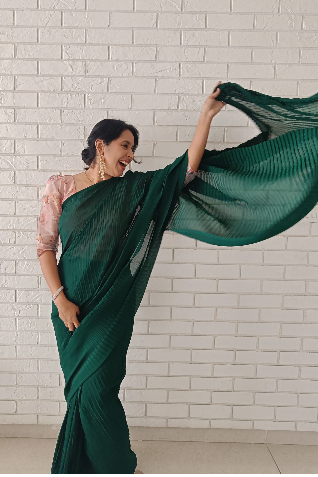 Green ready to wear saree with printed unstitched organza Blouse