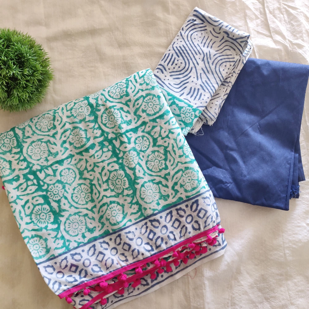 Seagreen floral printed Cotton saree