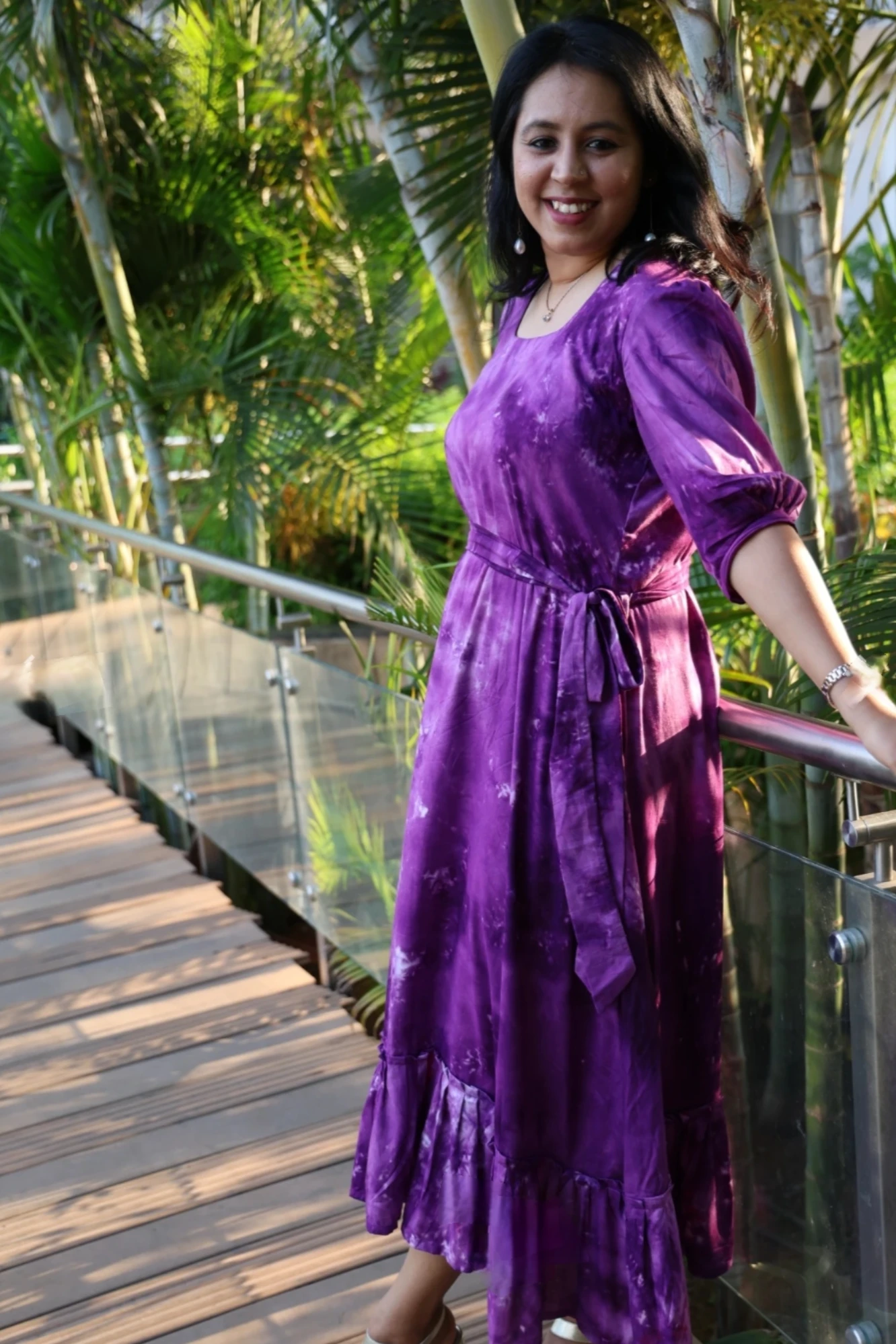 Purple Viscose tie-dye frill dress (M)