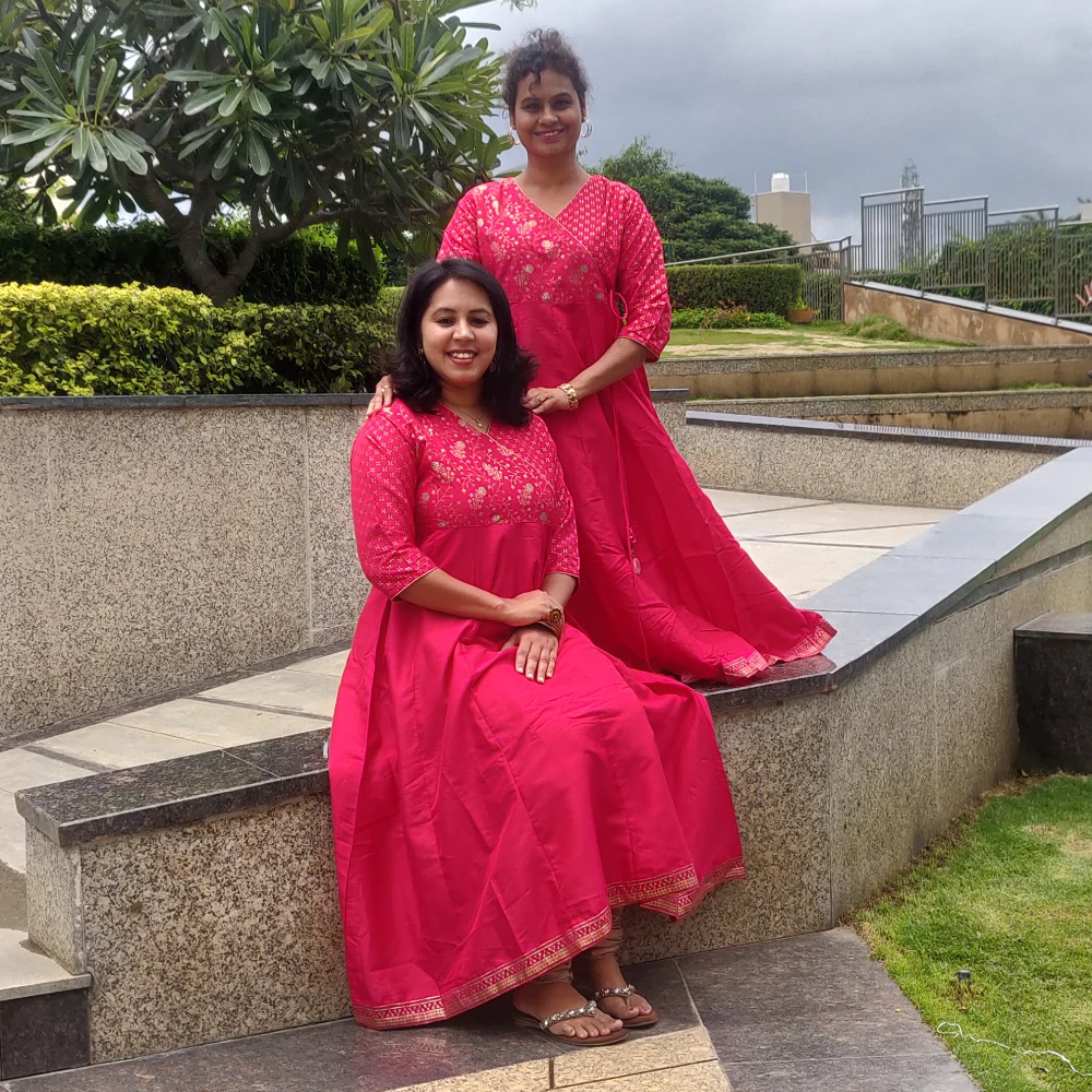 Pink kali angarkha kurti with foil print (M)