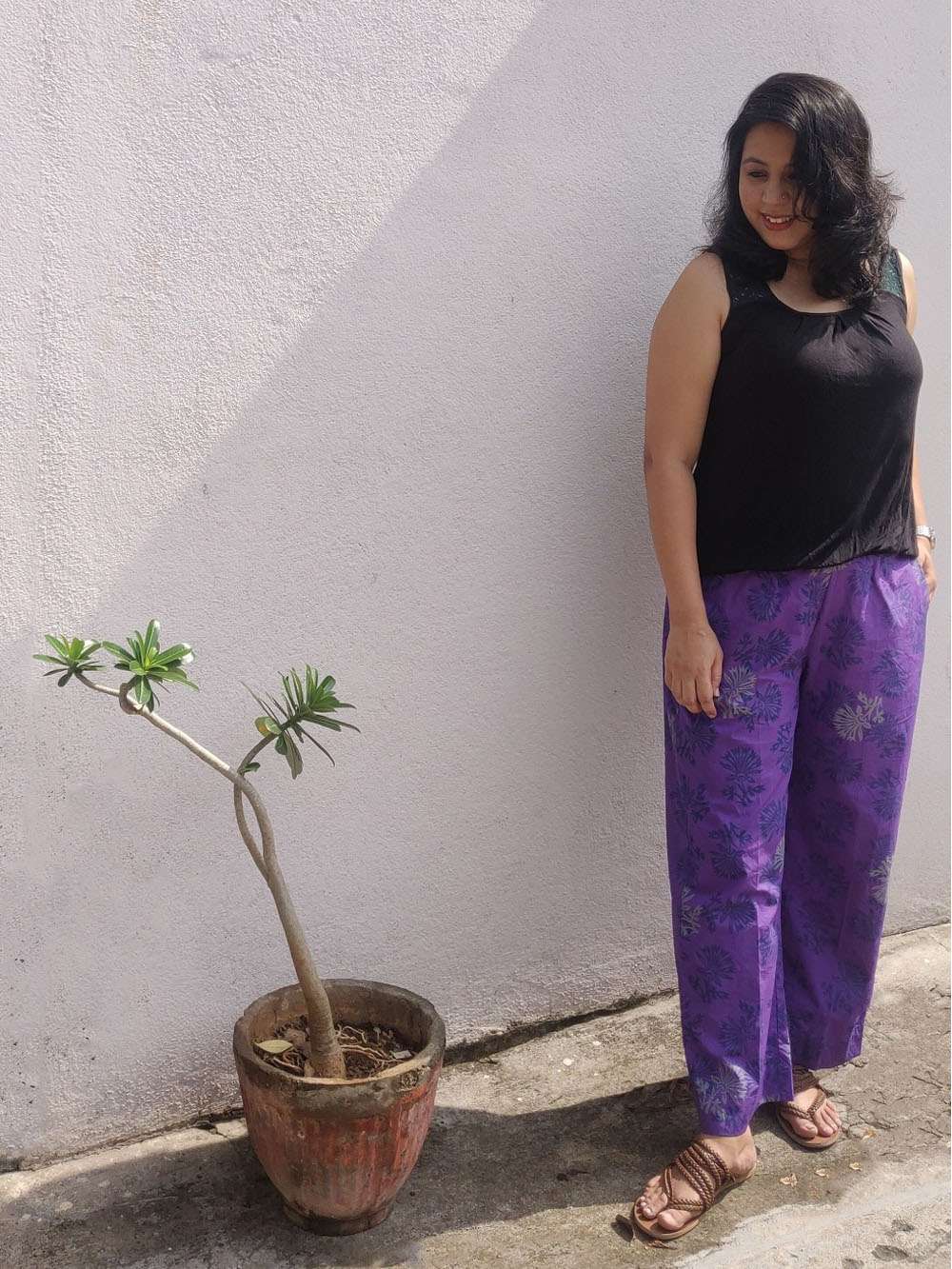Iris Purple hand block printed cotton pants (S)