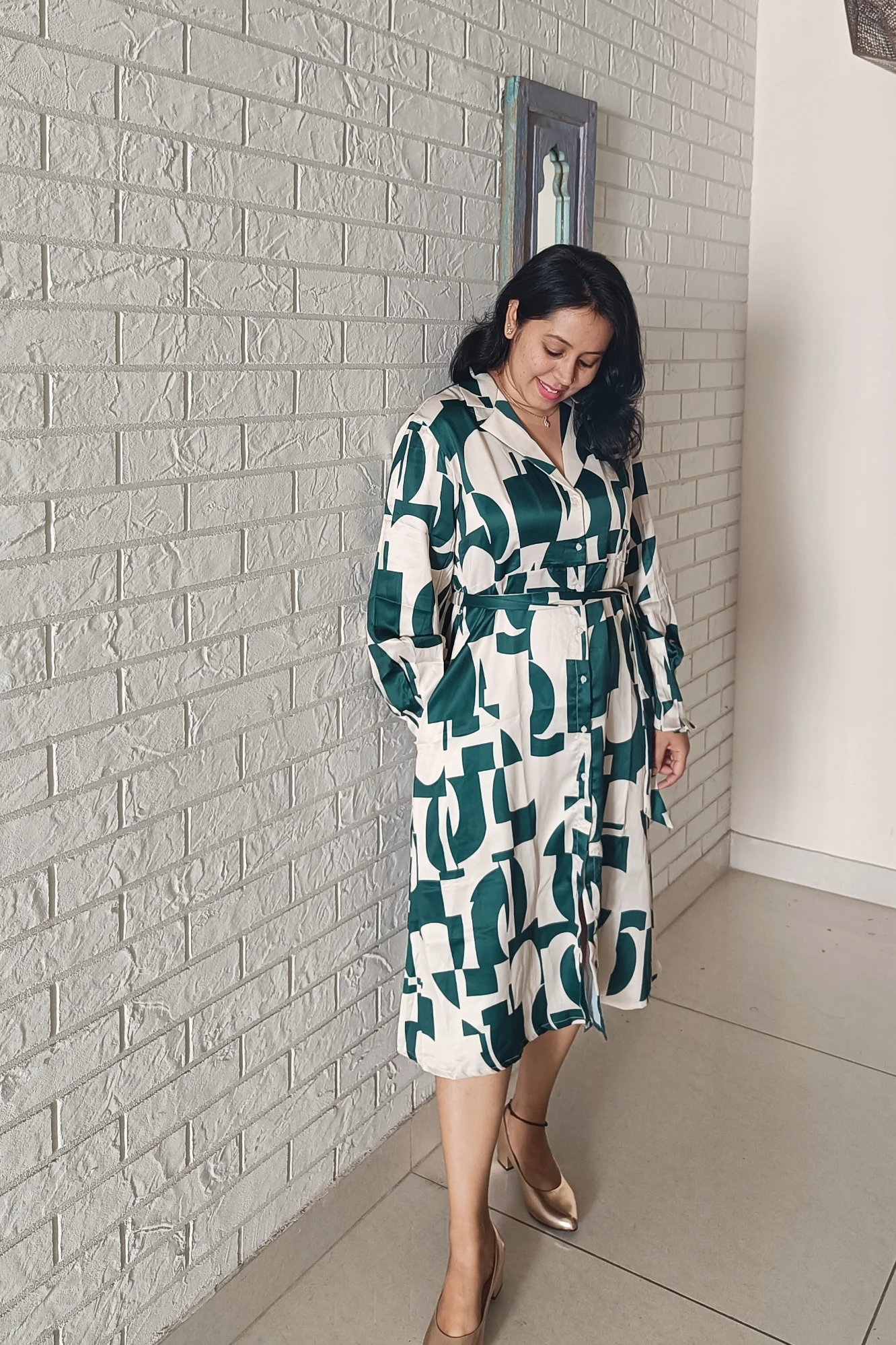 Satin printed button down dress (XS)