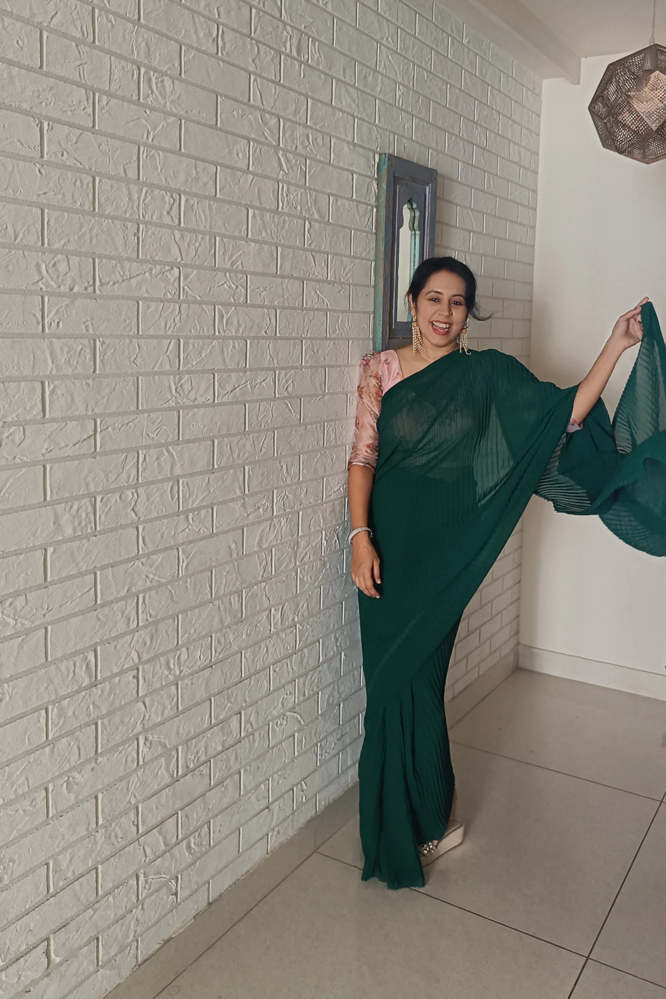 Green ready to wear saree with printed unstitched organza Blouse (green saree - printed blouse fabric)