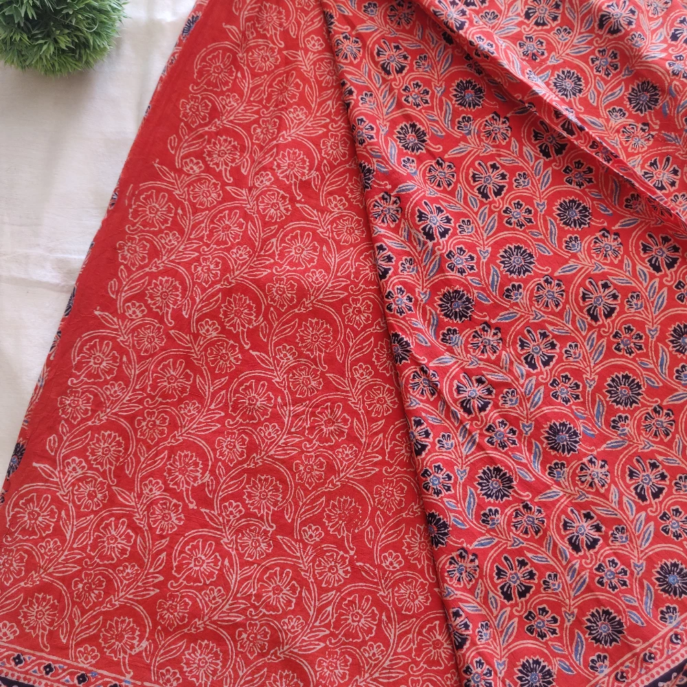 Block print Cotton Saree- Floral Orange