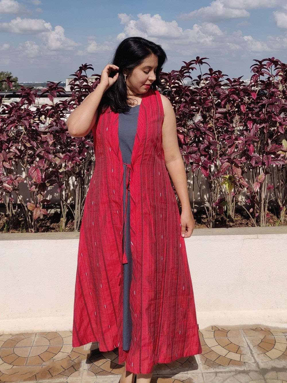 Grey and Red Chanderi A- Line layered dress