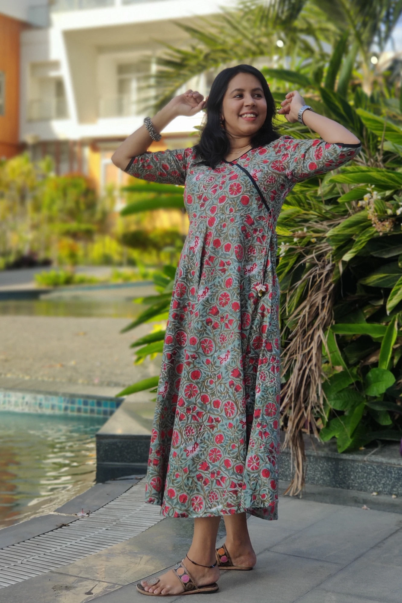Cotton printed green circular cut maxi dress (L)