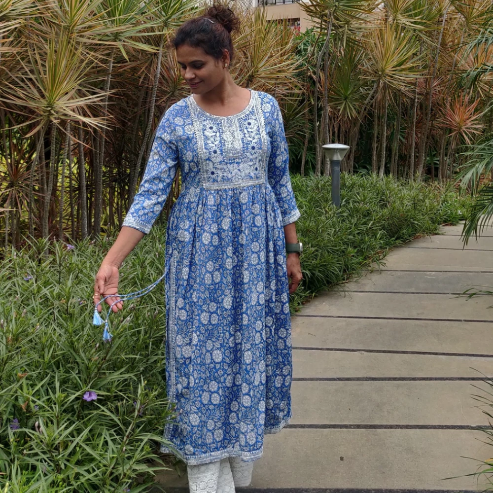 Floral printed Embroidered yoke cotton kurta