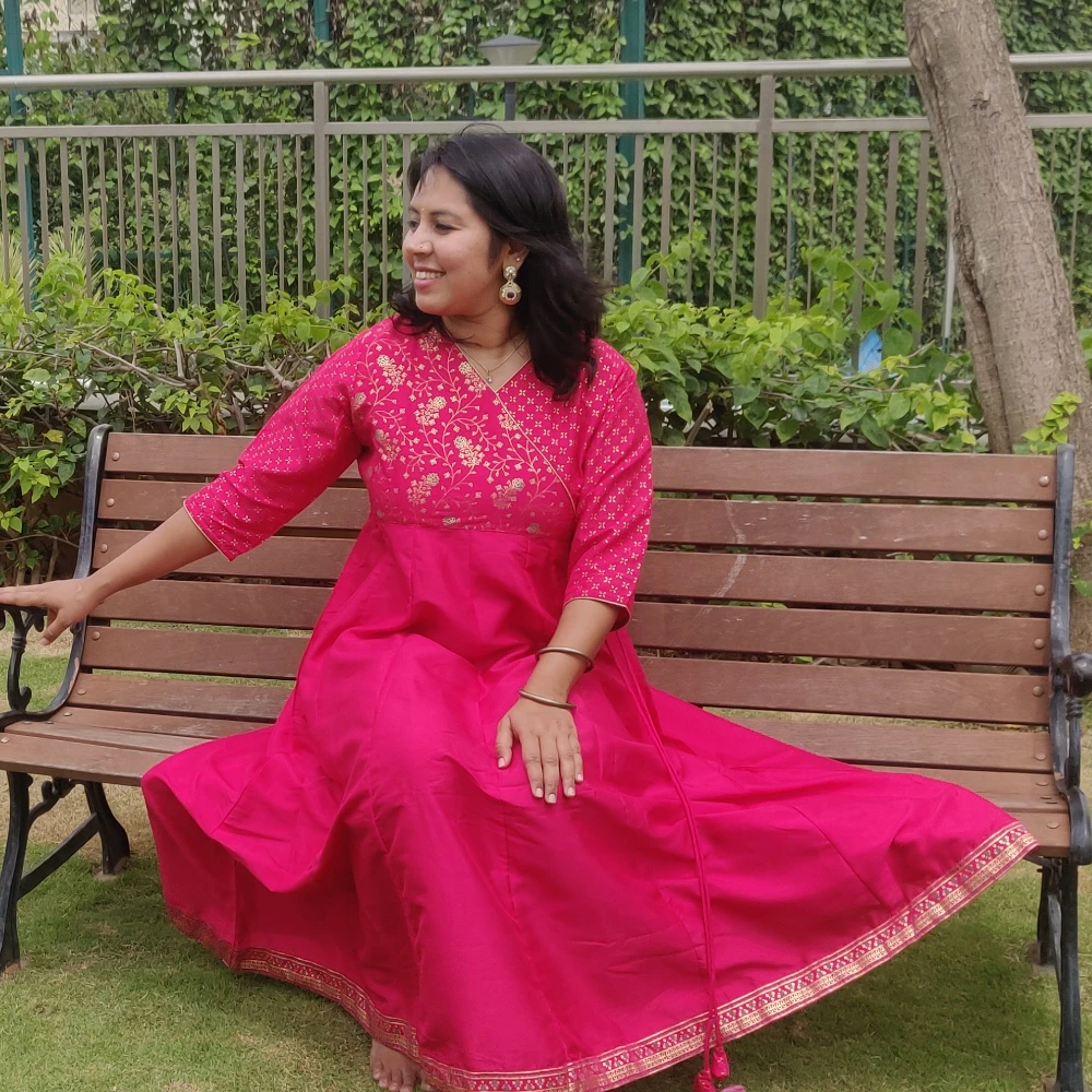 Pink kali angarkha kurti with foil print (M)