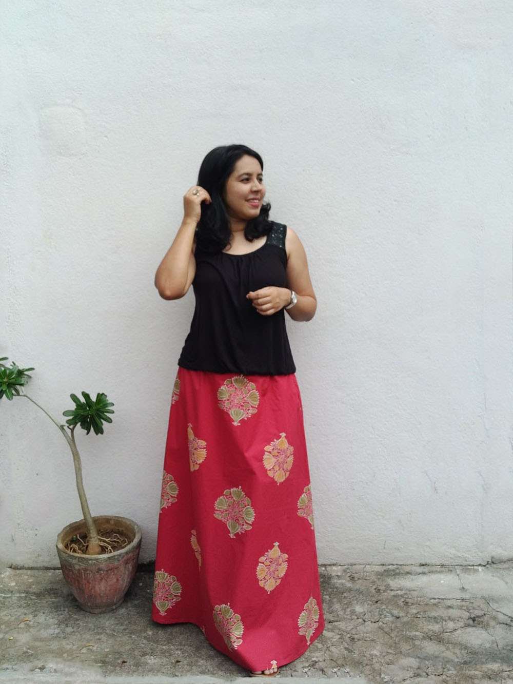 Scarlet red hand block printed cotton A-line skirt (M)