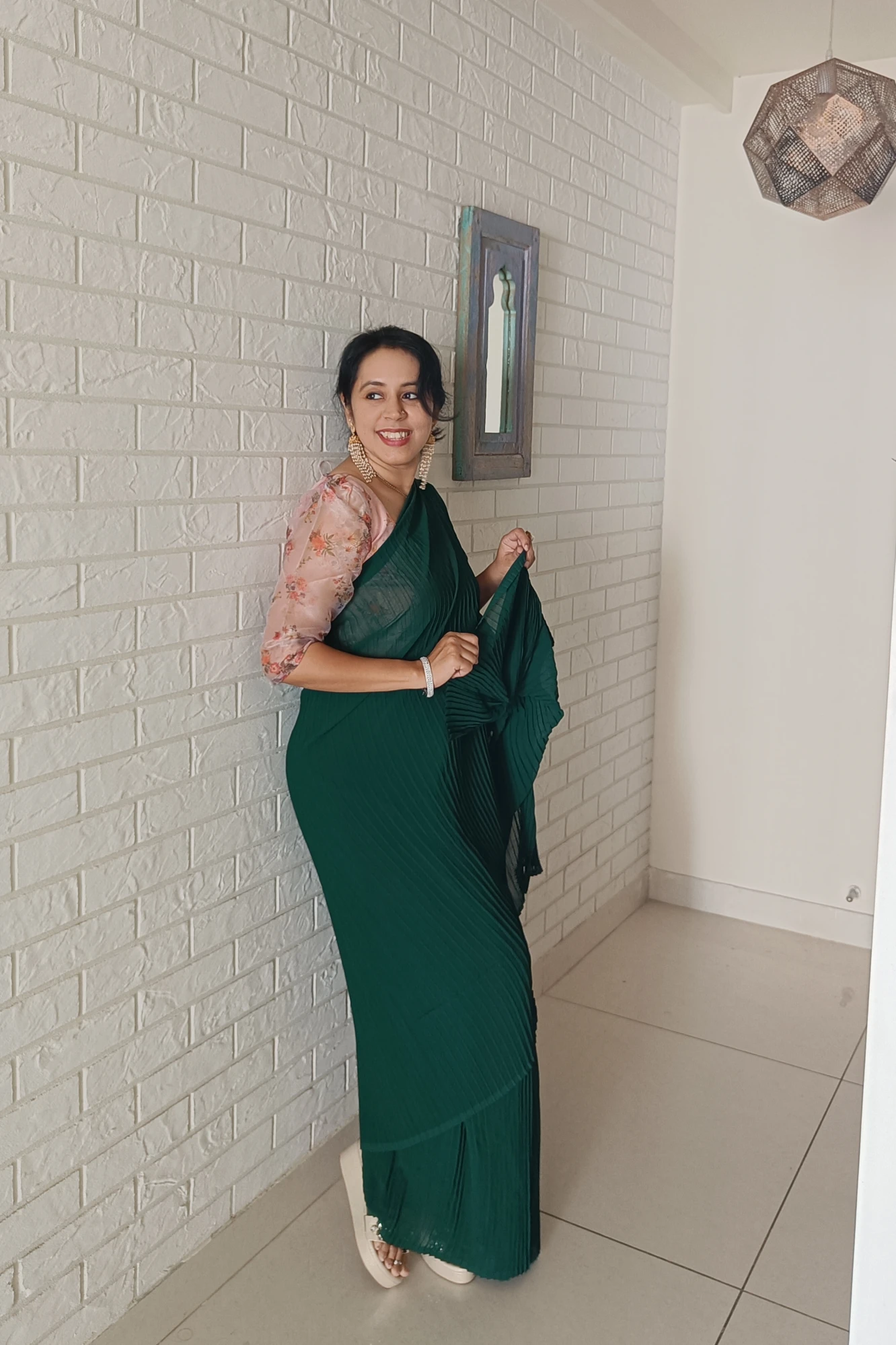 Green ready to wear saree with printed unstitched organza Blouse (green saree - printed blouse fabric)