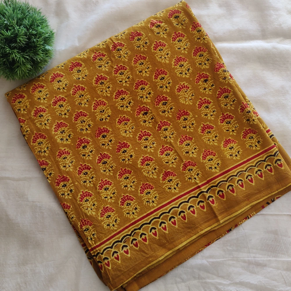 Block print Cotton Saree- Mustard