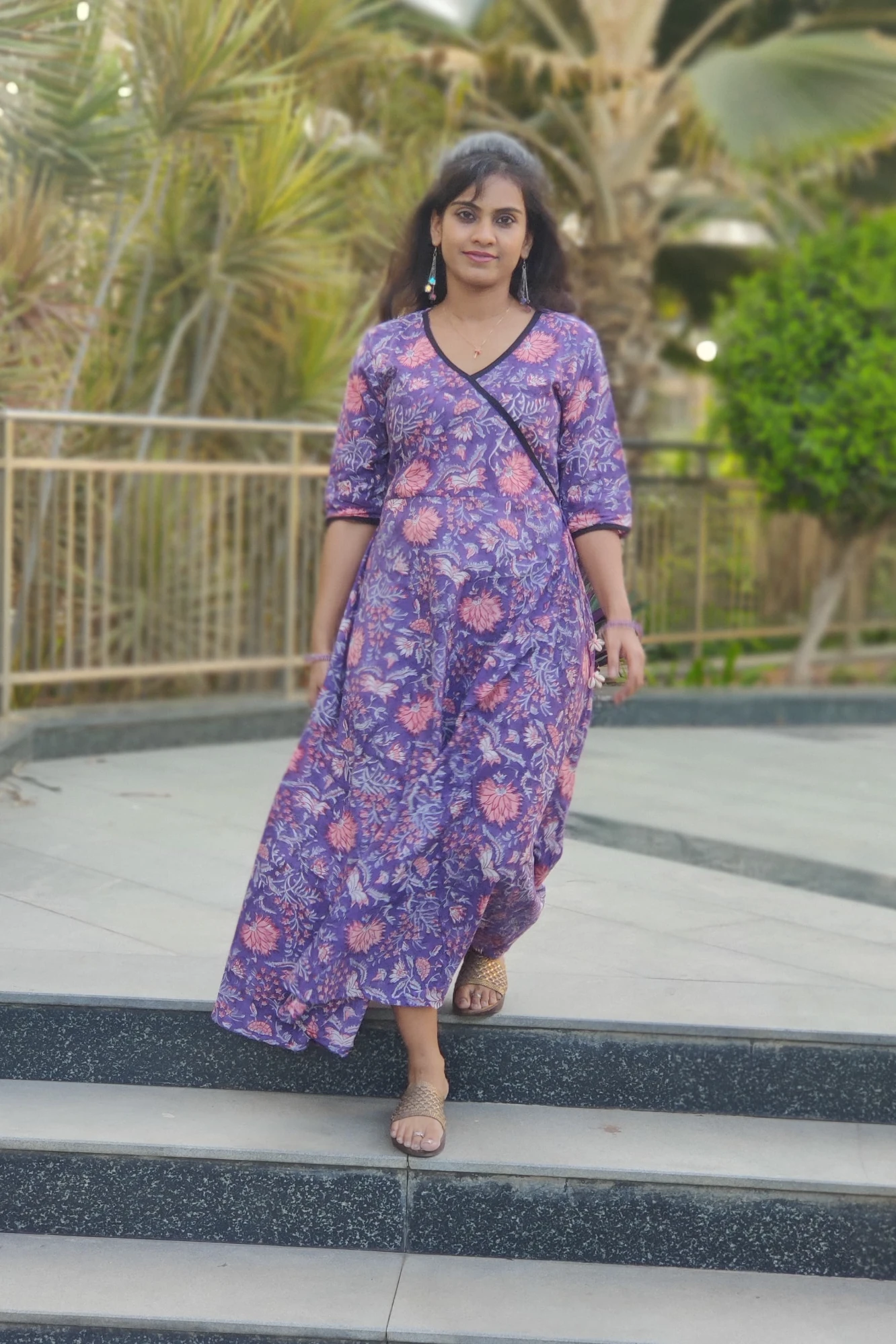 Cotton printed purple circular cut maxi dress (L)
