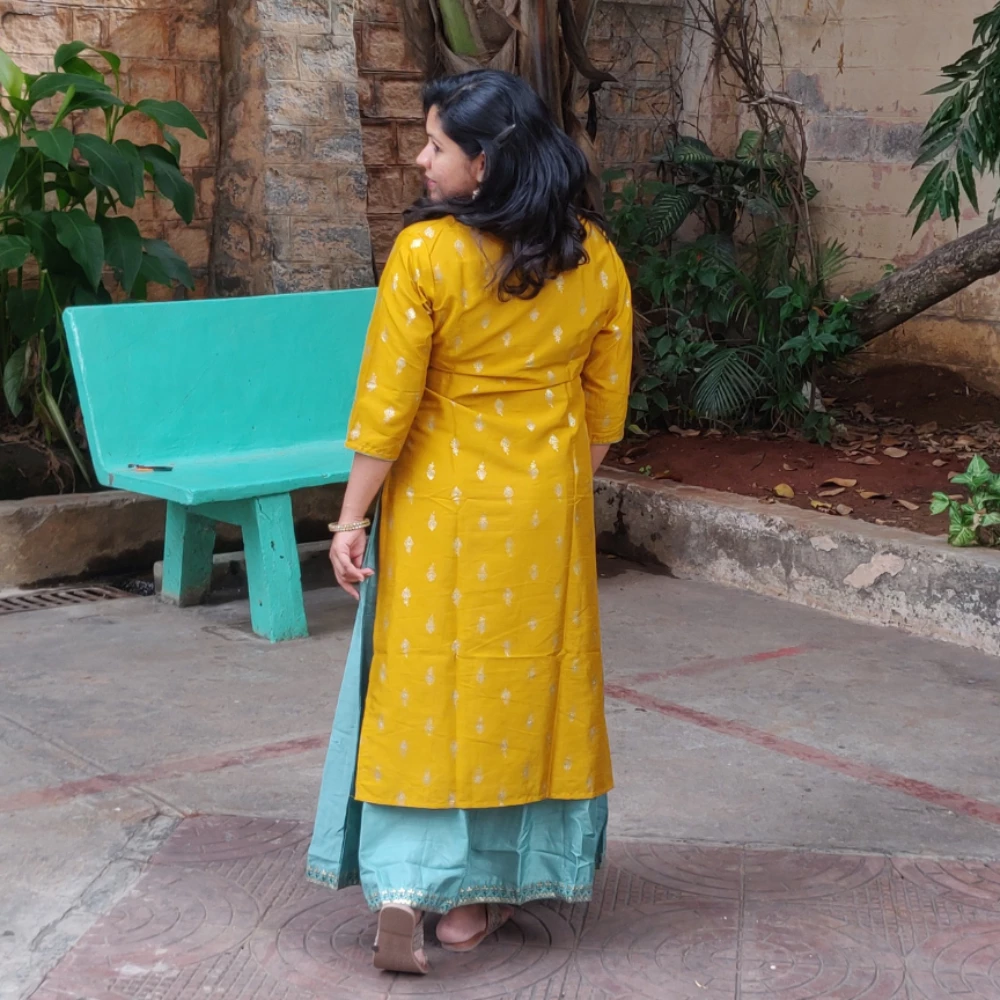 Yellow & Teal Silk blend maxi dress