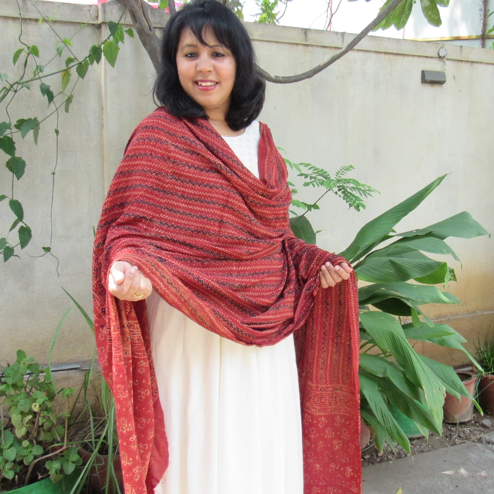 Natural Dye handblock printed Ajrakh Dupattas (red zigzag)