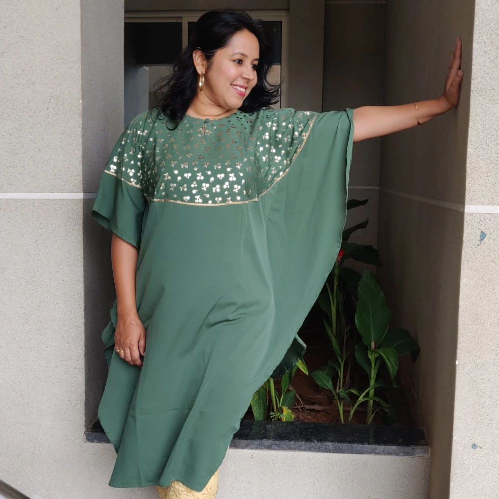 Sage Green Foil print Kaftan kurta (XS)