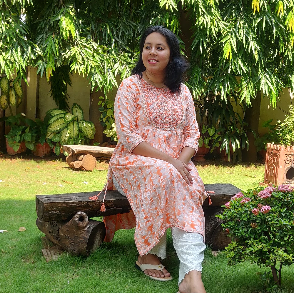 Orange floral printed Embroidered yoke kurta