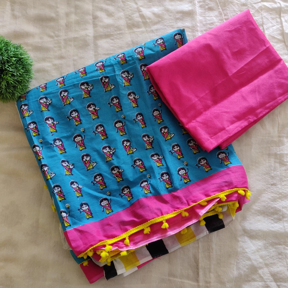 Miniature Lady print Cotton saree