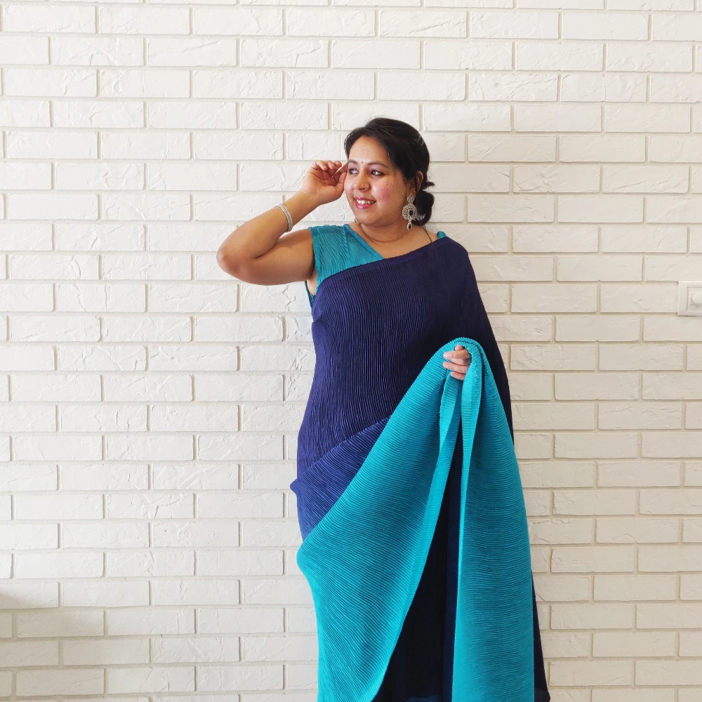 Ombre Blue Accordion Pleated Saree -Dress (XS-L)