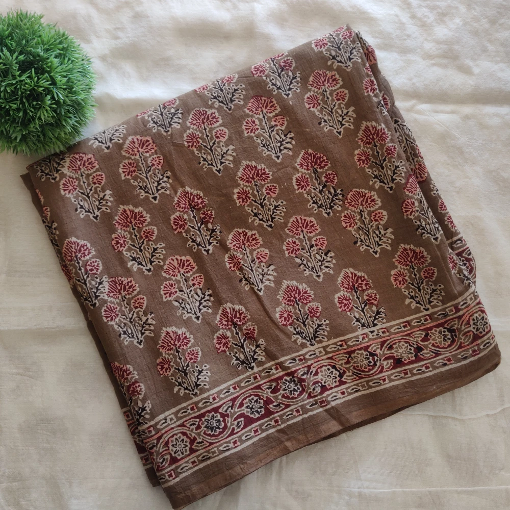 Block print Cotton Saree- Brown