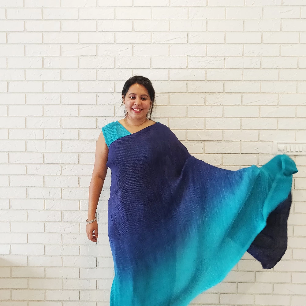 Ombre Blue Accordion Pleated Saree -Dress (XS-L)