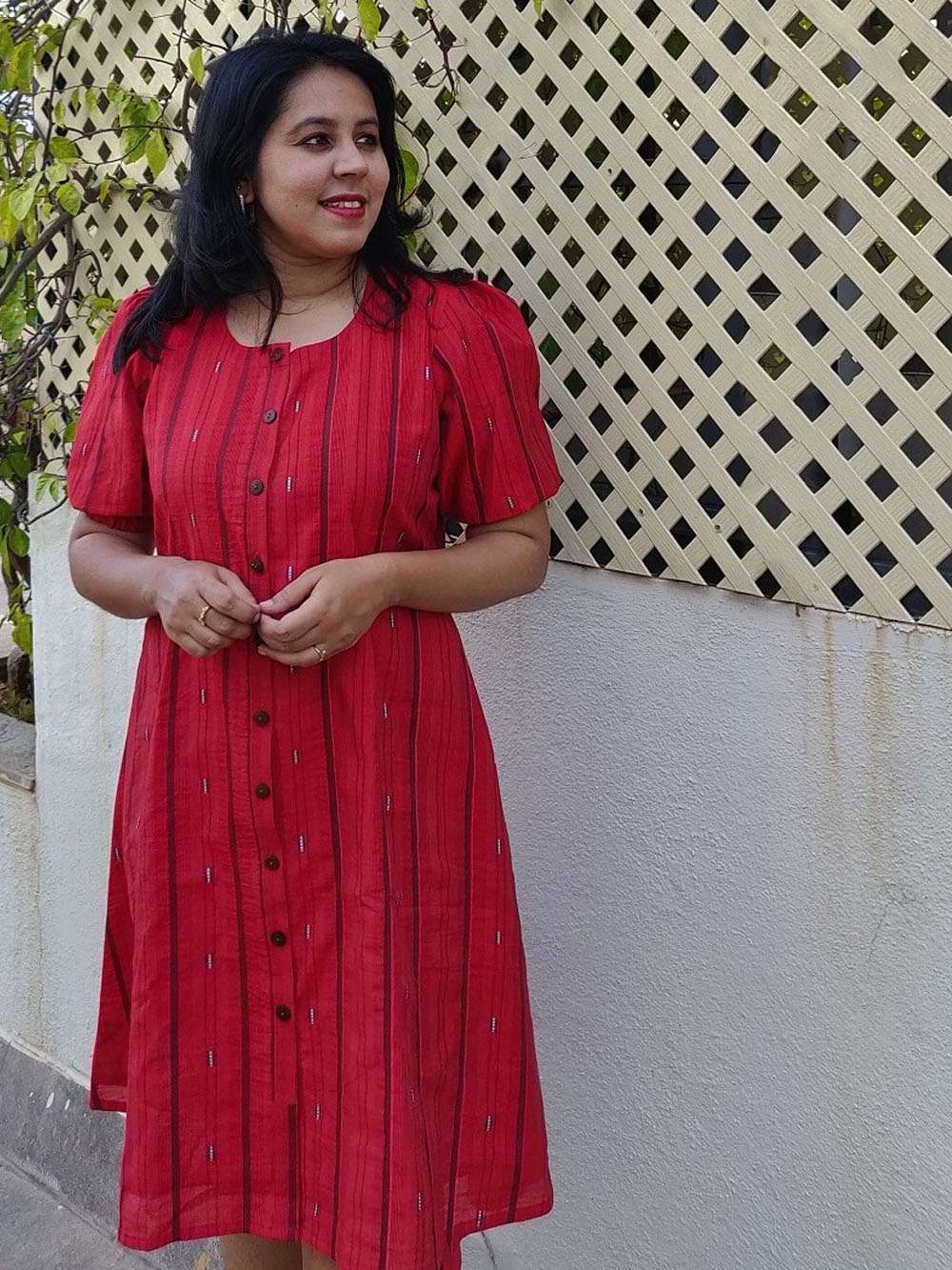 Cherry Red Chanderi Button down Dress (L)