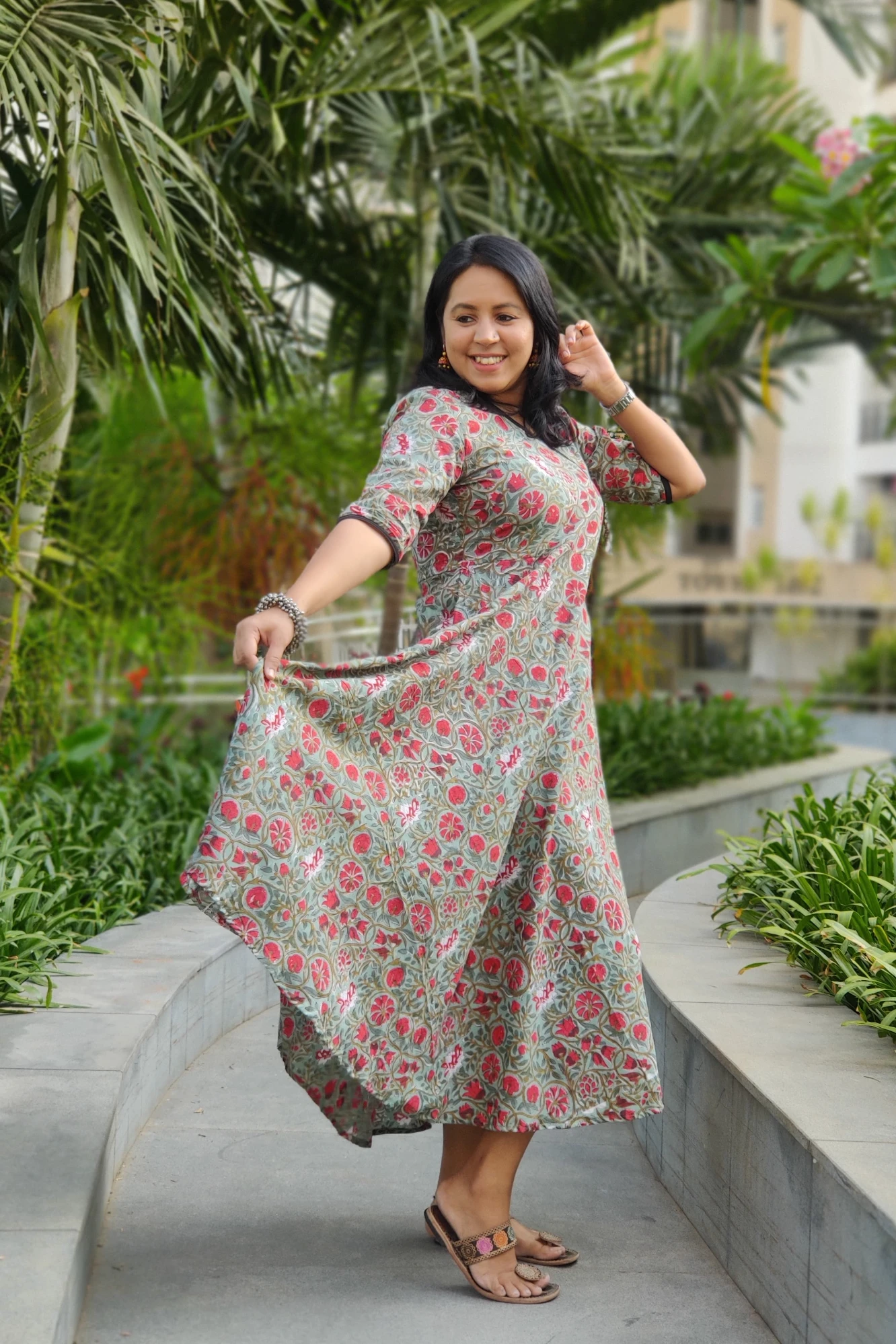 Cotton printed green circular cut maxi dress (L)