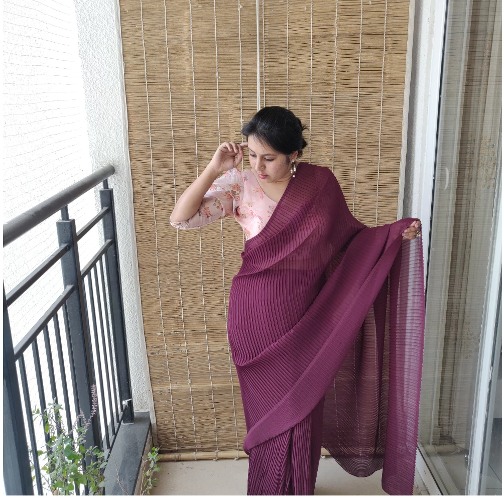 Wine- Ready to wear sari with unstitched organza Blouse fabric