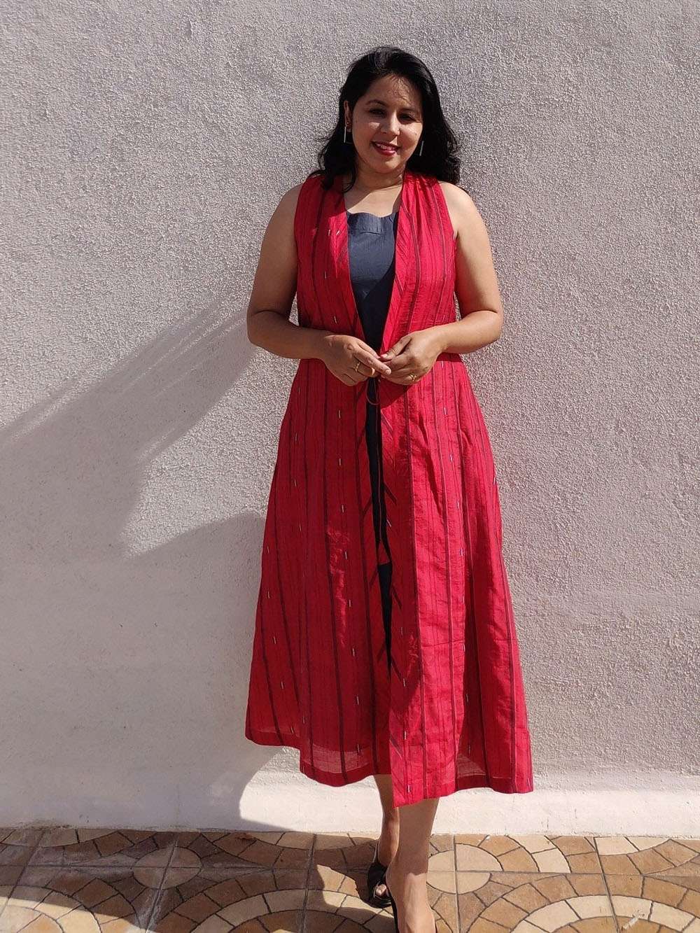 Grey and Red Chanderi A- Line layered dress