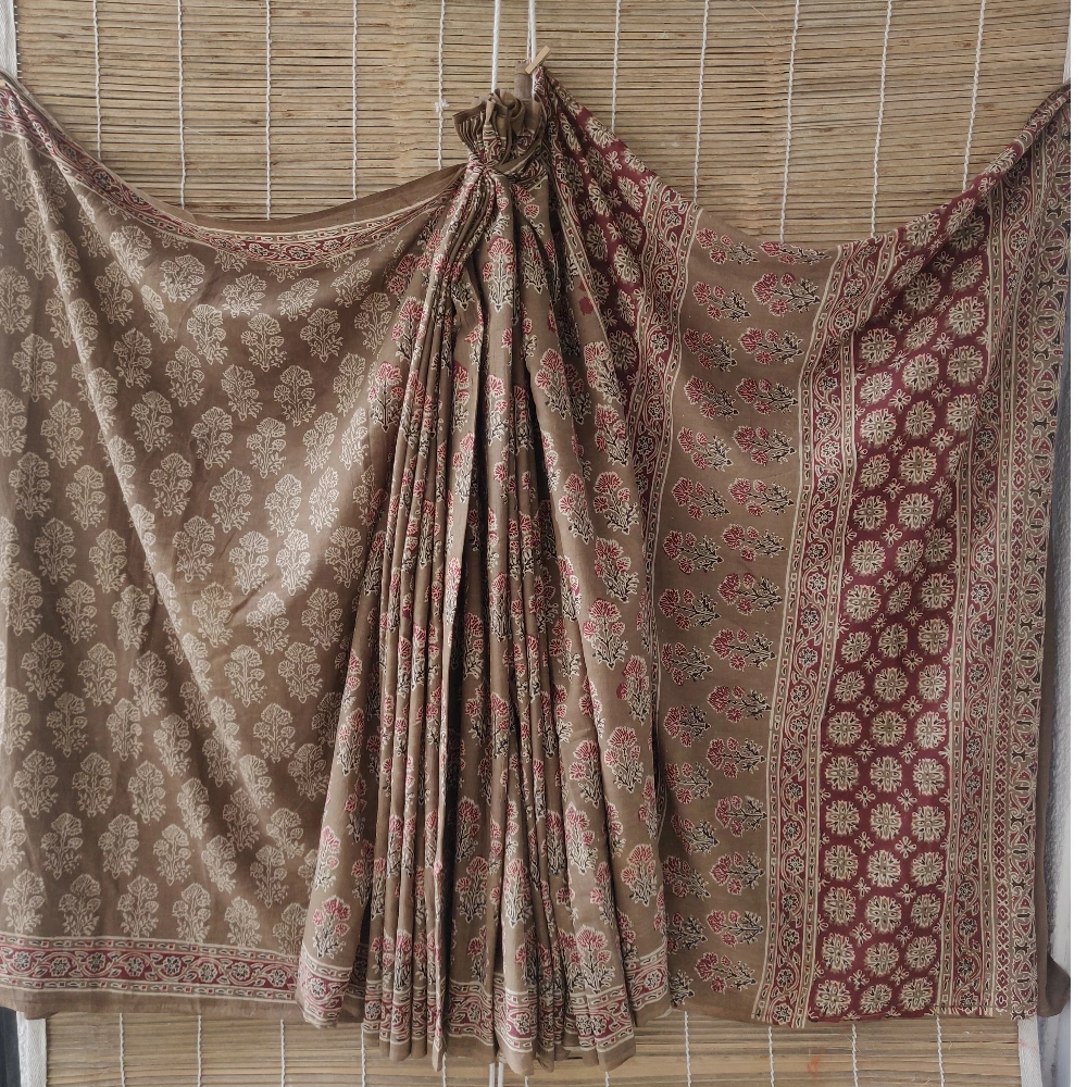 Block print Cotton Saree- Brown