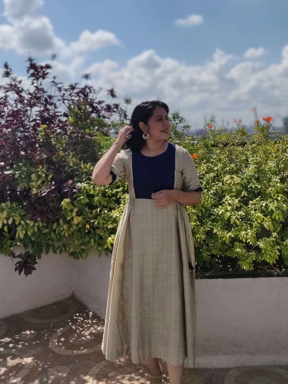 Beige and Blue Soft Cotton Silk drawstring dress (S)