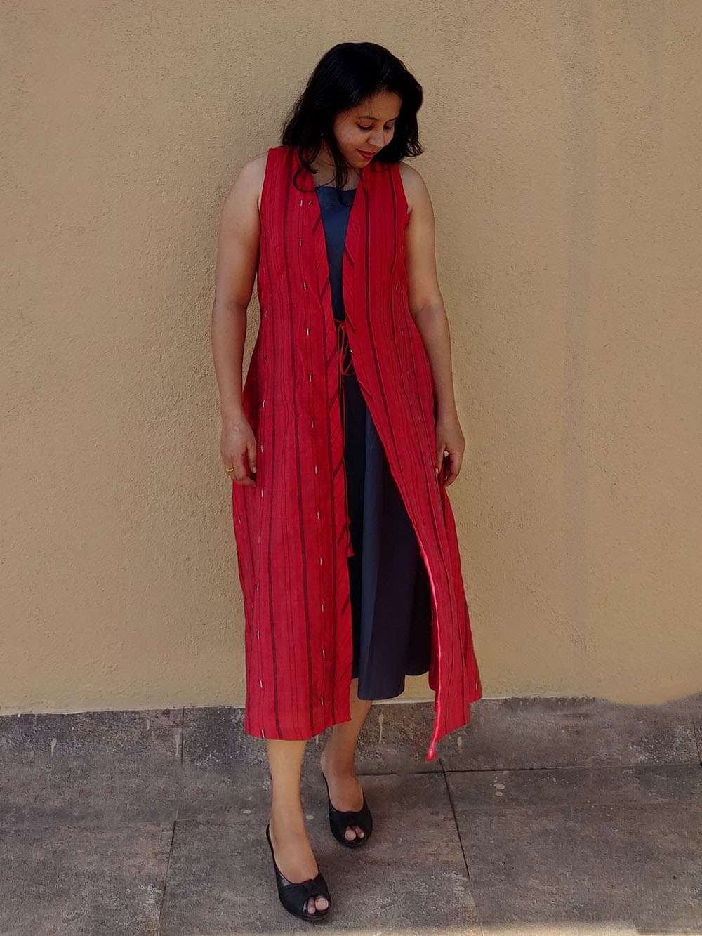 Grey and Red Chanderi A- Line layered dress