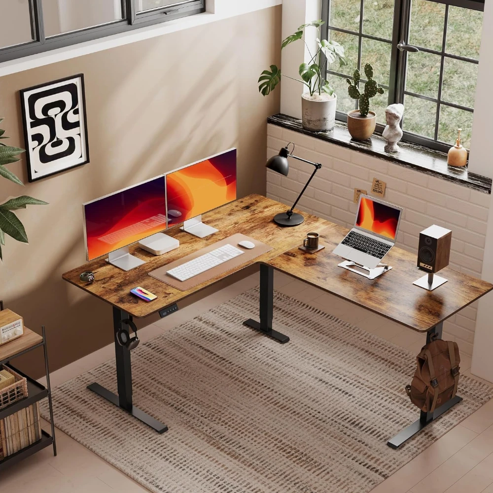 L Shape Height Adjustable Desk (Brown)