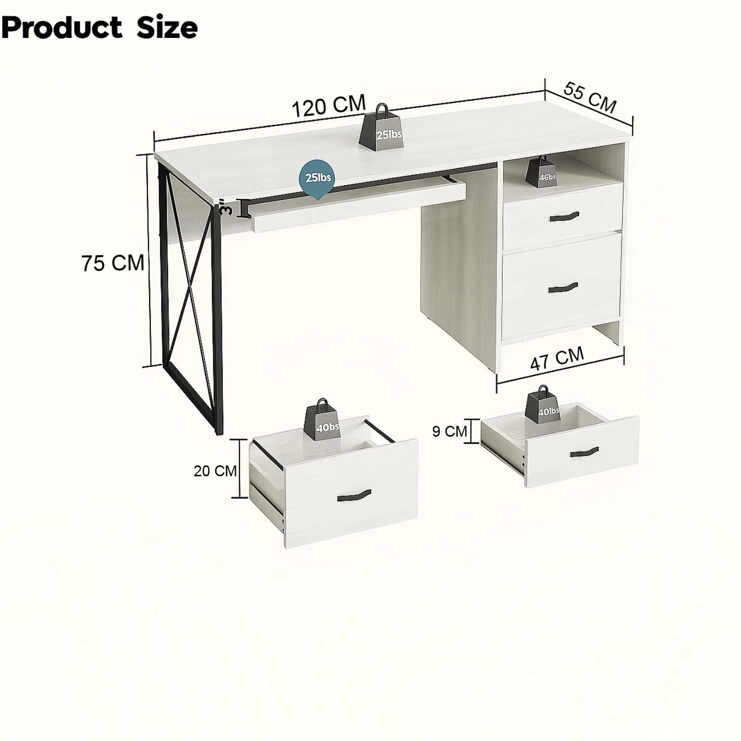 Drawer Pod Desk (White/120 Cm)